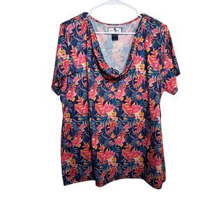 Island Collection Blouse Women's XL Cowl Neck Floral Short Sleeve Boho Artsy Top